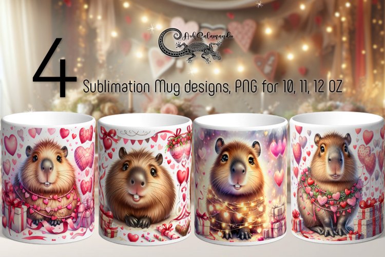 Valentine animals | 4 cute capybara mug designs example image 1
