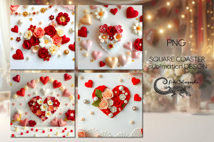 3D Heart | 4 valentine square coaster sublimation designs