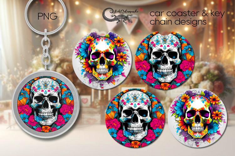 Skull and flowers | Halloween Car coaster & key chain PL