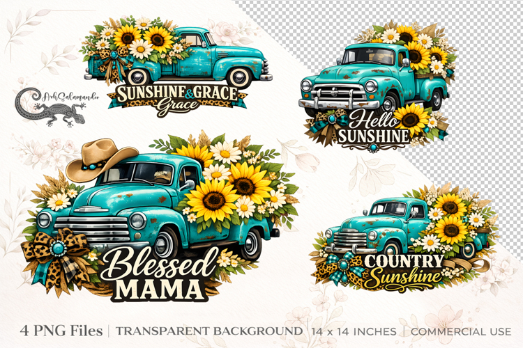 Western truck & sunflowers | 4 PNG Sublimation designs