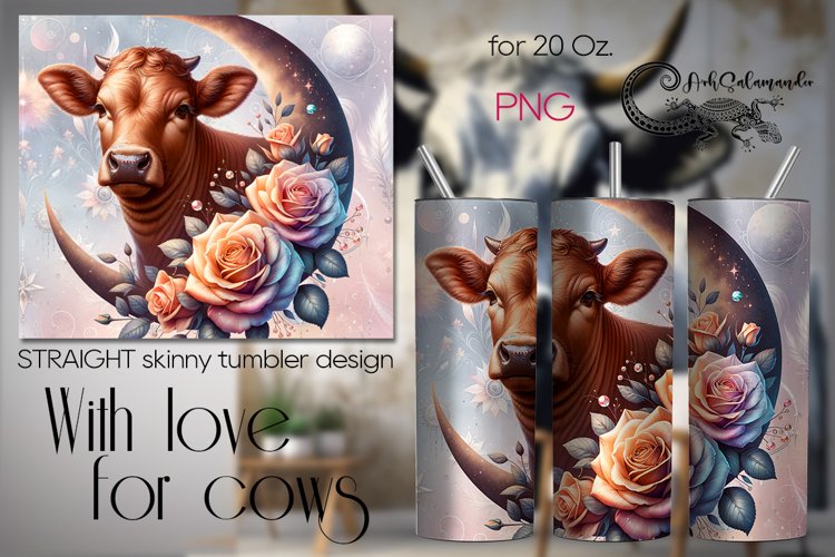 Cow, moon & flowers | Skinny tumbler Sublimation design PL4