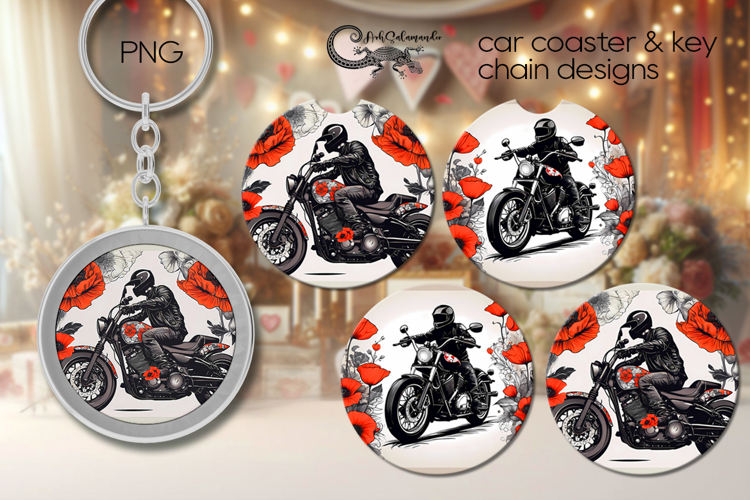 Motorcycle & flower | Bike Car coaster & key chain design P4