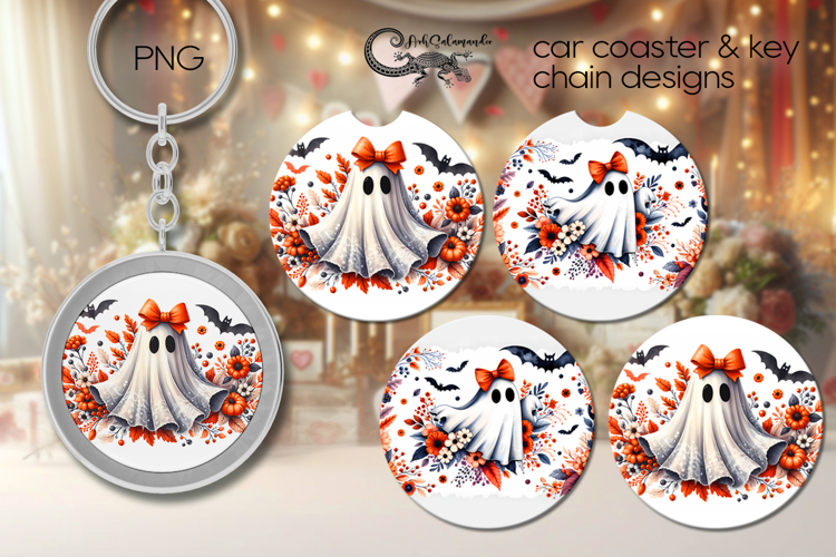 Cute ghost | Halloween Car coaster & key chain design P4