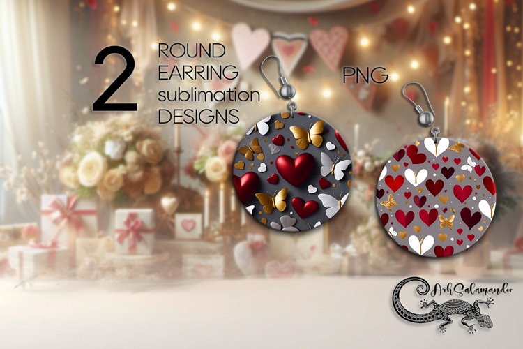 3d Valentine hearts | Red & grey Sublimation round earring 2