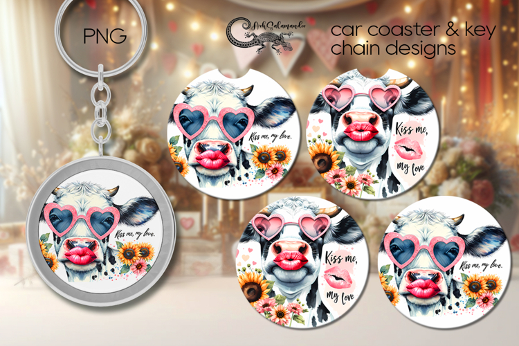 Cow   flowers | 2 Sublimation car coaster   key chain PL4