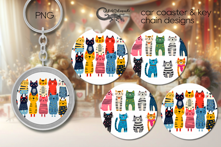 Colorful Cats | Cartoon Car coaster & key chain designs PL4