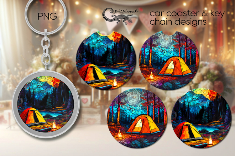 Tent in forest | coaster & key chain sublimation design PL4