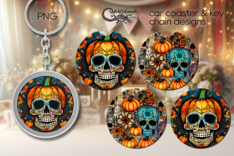 Sugar Skulls | Halloween Car coaster & key chain designs PL4