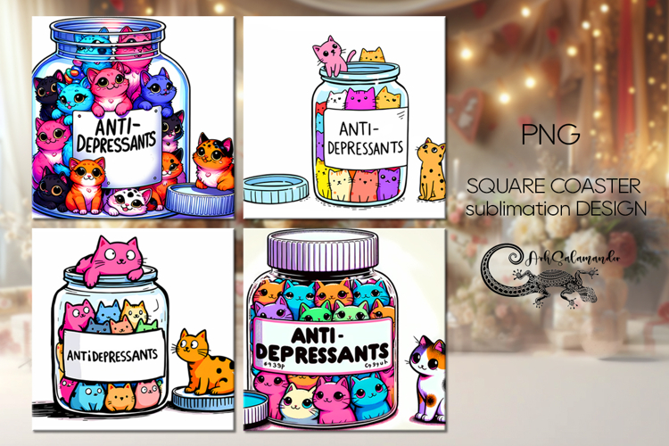 Colorful Cats | 4 cartoon square coaster sublimation designs