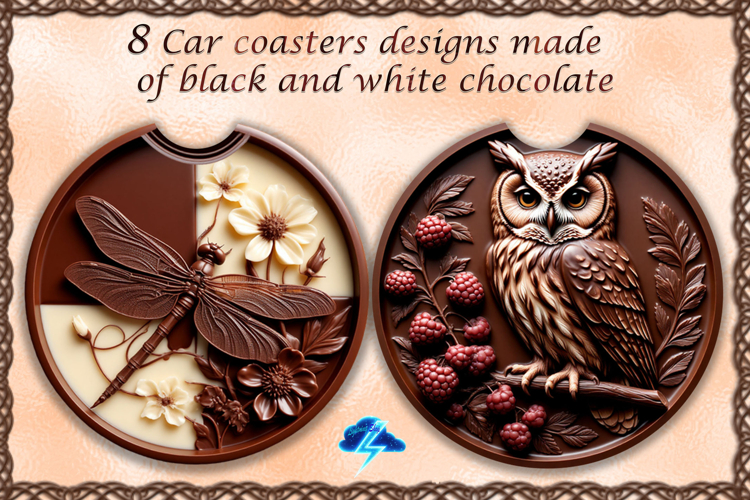 Car coasters | 8 designs of black and white chocolate, PNG
