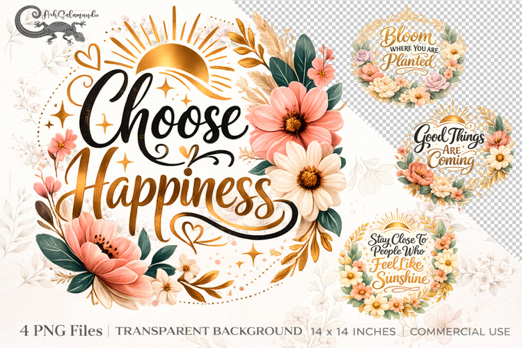 Positive Quote Floral Clipart | 4 PNG sublimation designs