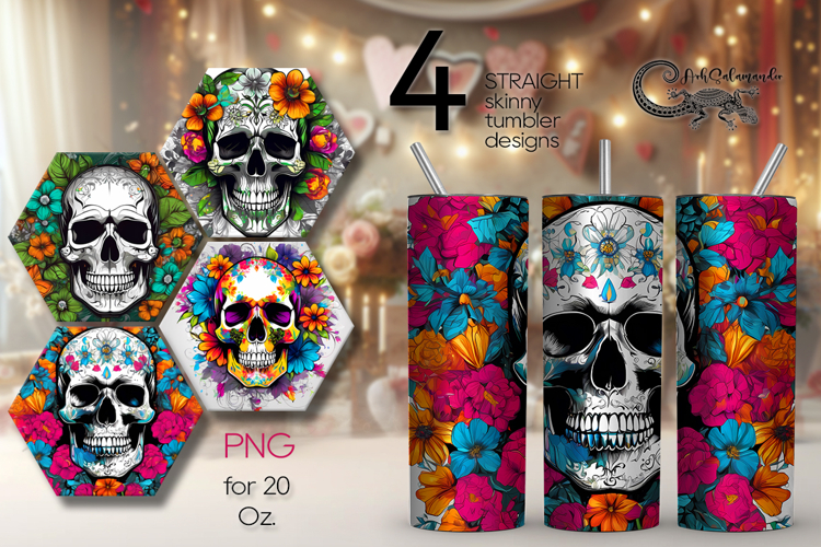 Skulls and flowers | 4 Halloween Skinny tumbler designs PL
