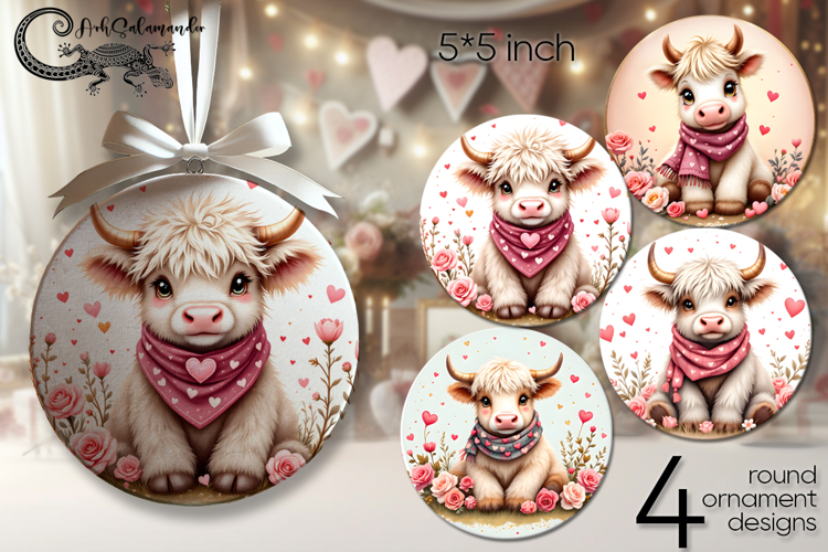 Valentine cow | 4 round ornaments sublimation designs