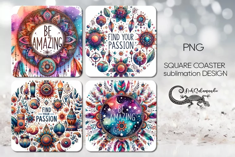 Boho Inscription | 4 square coaster sublimation designs