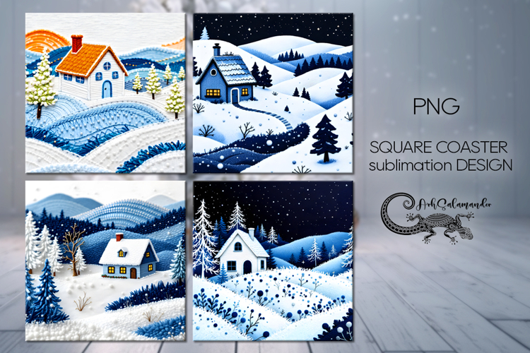 Embroidery landscape | 4 xmas square coaster designs