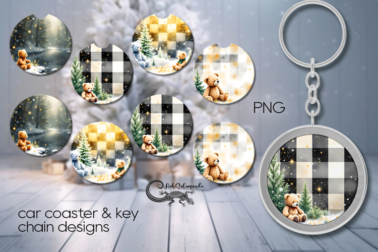Christmas plaid | 4 xmas Car coaster & 4 key chain designs P