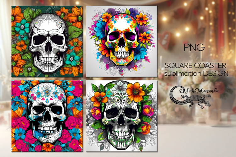 Skulls and flowers | Halloween square coaster sublimation