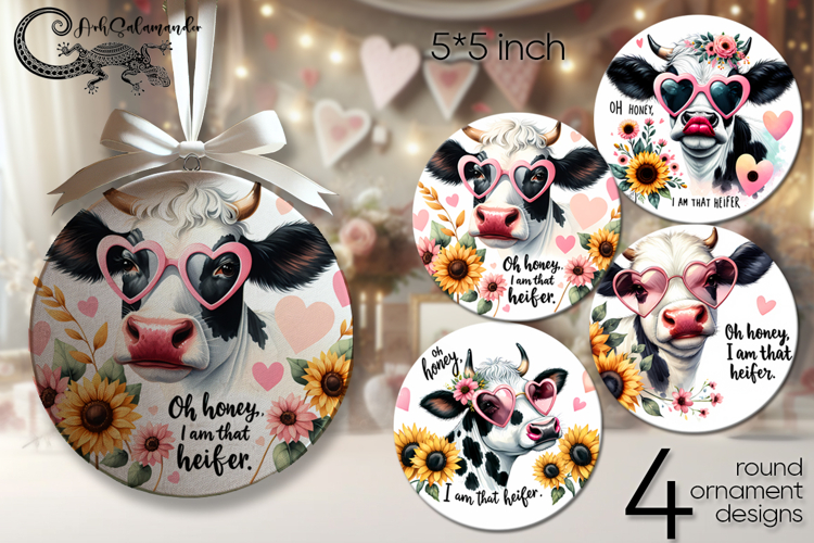 Cow & sunflowers | watercolor round ornament sublimation