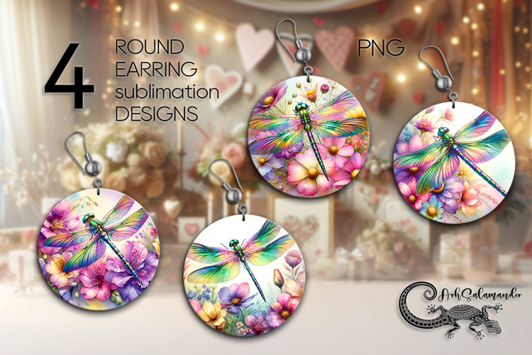 Dragonfly | 4 watercolor Round earring Sublimation designs