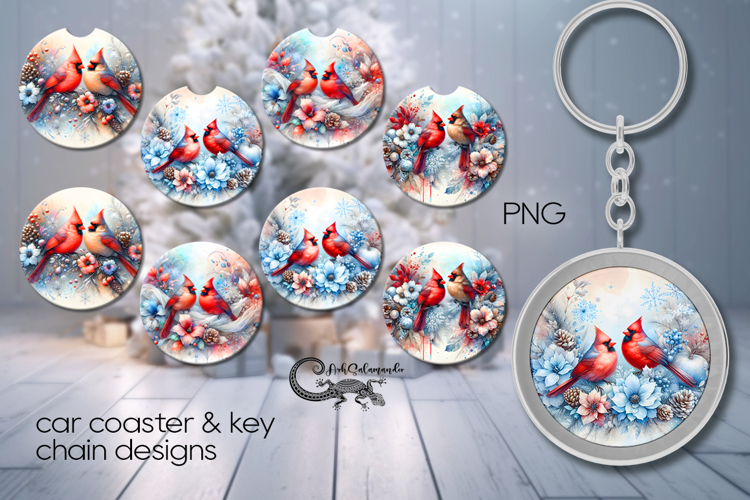 Christmas cardinal | 4 xmas Car coaster   4 key chain design