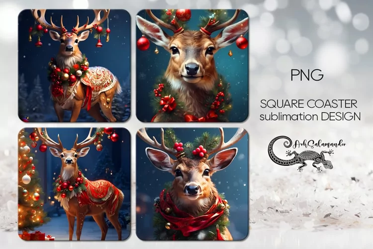 Christmas deer | 4 square coaster sublimation designs PLUS