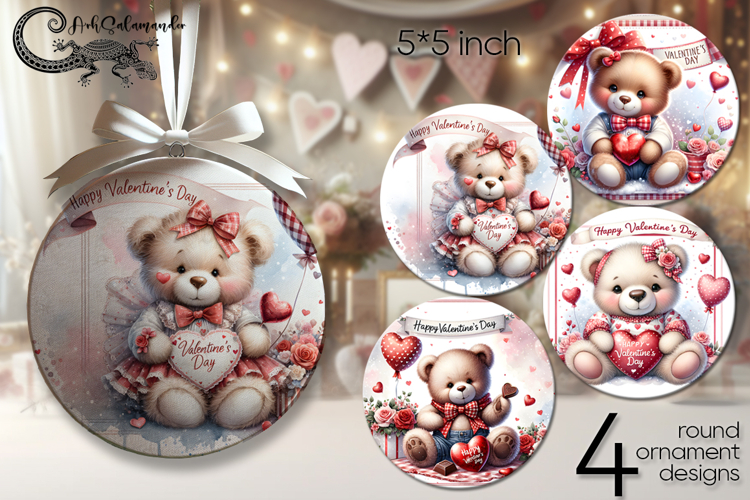 Valentine teddy bear | 4 love round ornaments sublimation