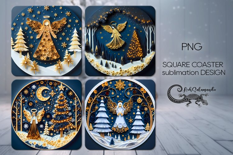 Christmas quilling | 4 square coaster sublimation designs PL example image 1