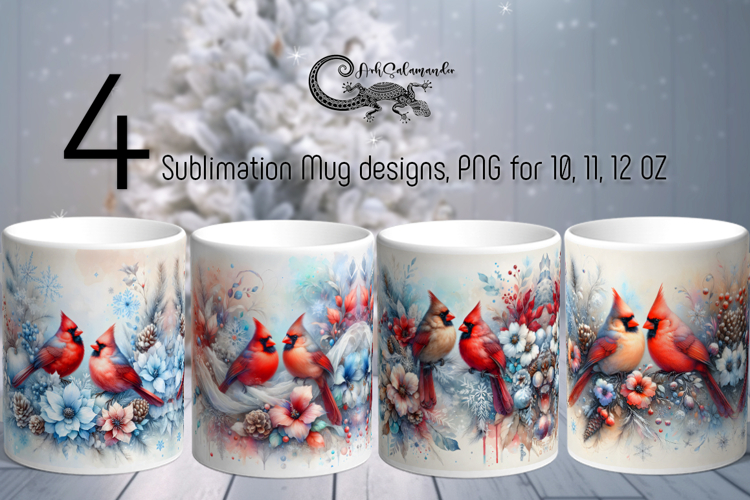 Christmas birds | 4 Xmas Cardinal Sublimation Mug design PL