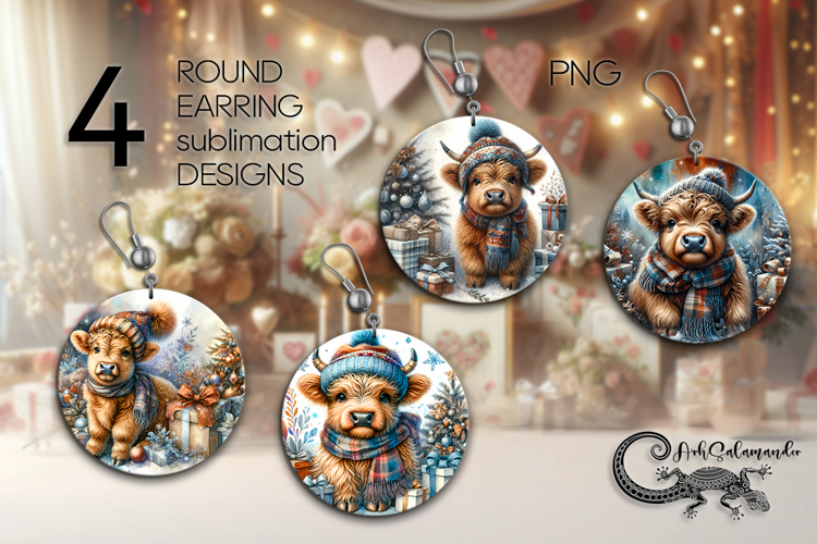 Christmas cow | 4 xmas Round earring Sublimation designs