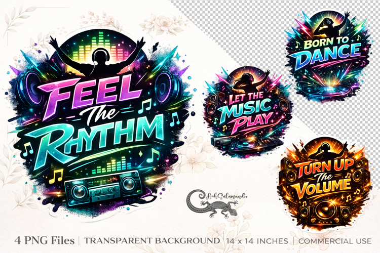 Neon Music Party Clipart Bundle | 4 PNG sublimation designs