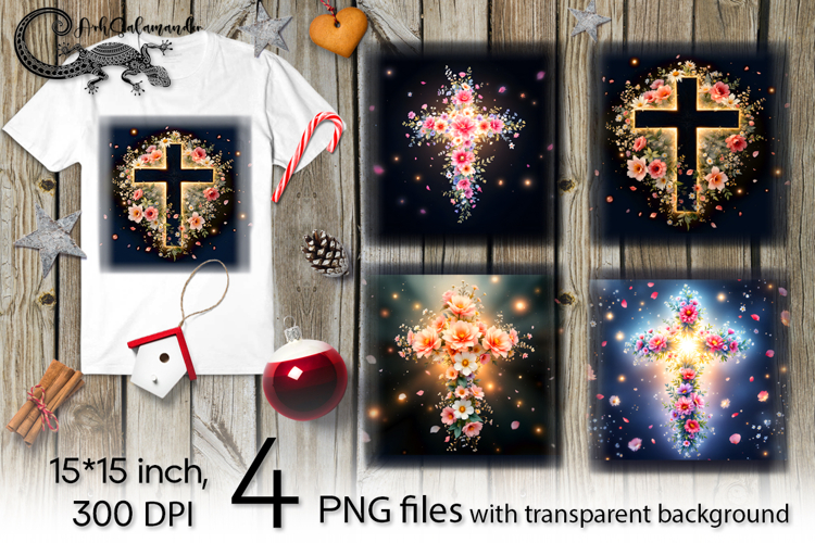 Cross & flowers | 4 Christian Faith PNG Sublimation designs