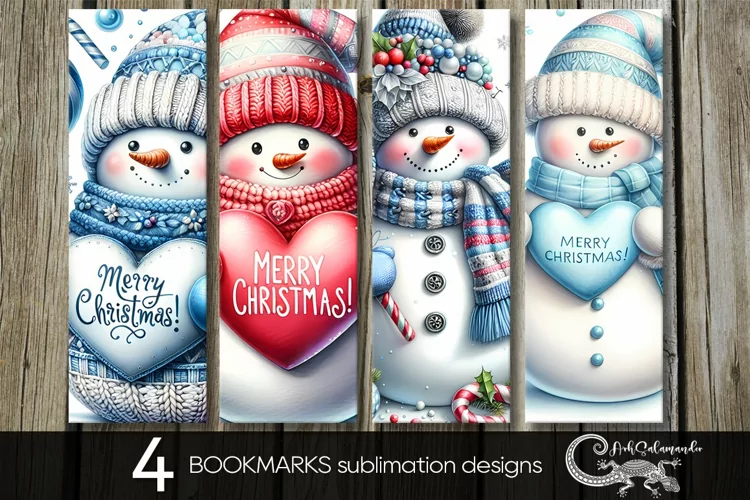 Christmas snowman | 4 Xmas bookmarks sublimation design PLUS