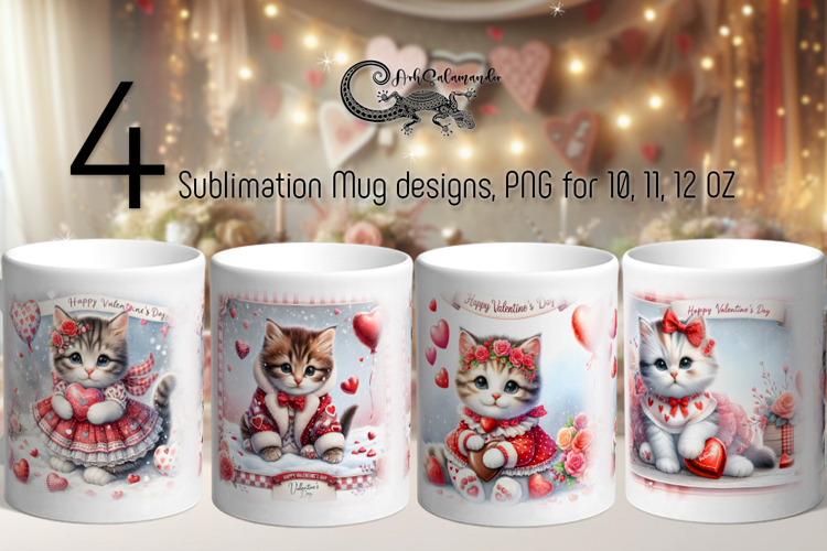 Cute valentine cat | 4 love mug sublimation designs PLUS