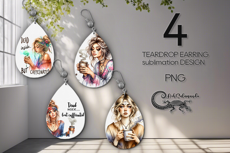 Coffee girl | 4 Teardrop earring cartoon Sublimation designs