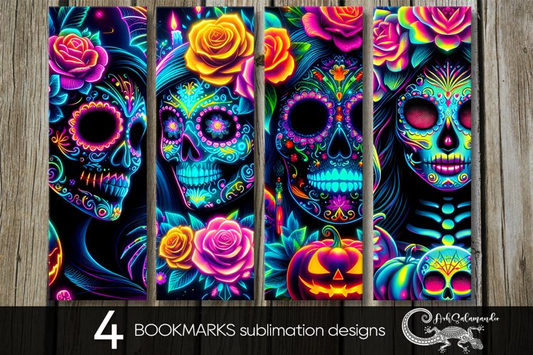 Neon Skulls | 4 Halloween bookmarks sublimation designs PL example image 1