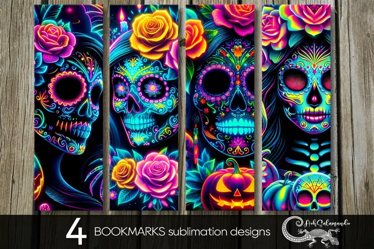 Neon Skulls | 4 Halloween bookmarks sublimation designs PL