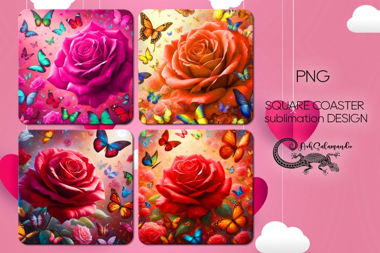Watercolor rose | 4 square coaster sublimation designs PLUS
