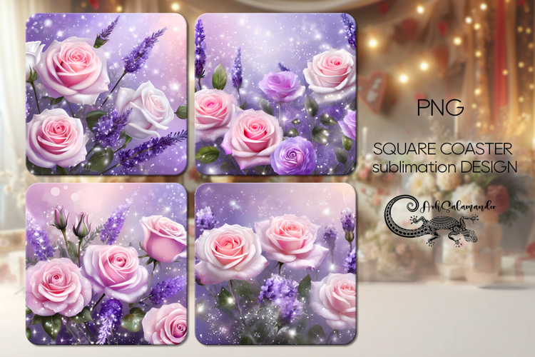 Delicate rose | 4 square coaster sublimation designs PLUS