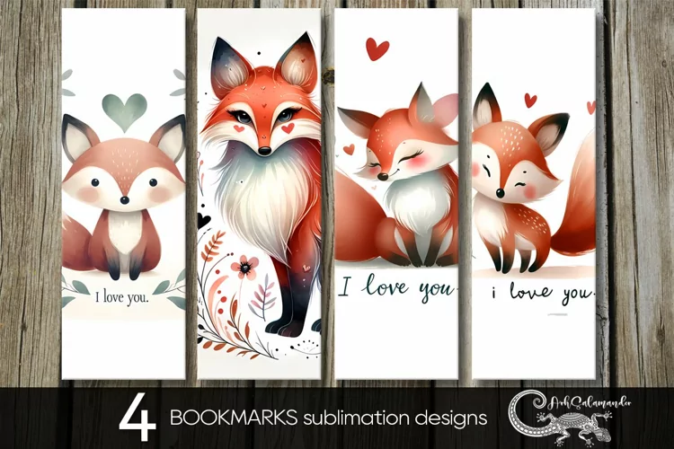 Valentine fox | 4 love bookmarks sublimation designs