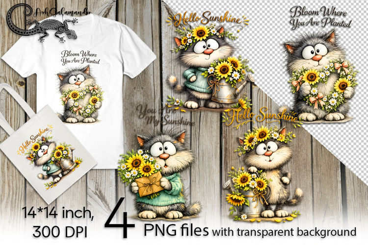 Funny cat & sunflowers | 4 cute PNG Sublimation designs