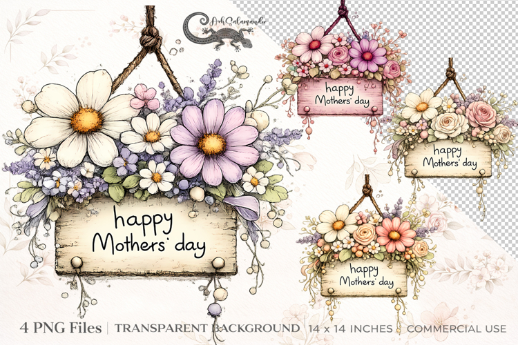Mothers Day Floral Hanging Sign Clipart | 4 PNG sublimation
