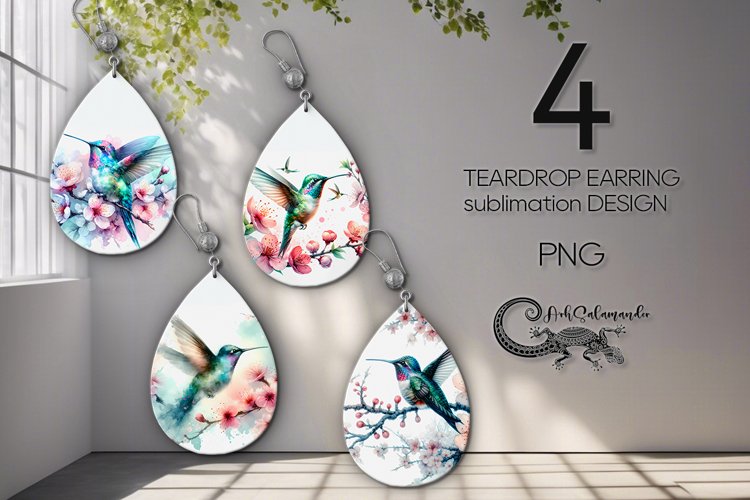 Spring hummingbird | 4 Sublimation Teardrop earring designs