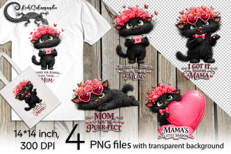 Mothers Day Cat and heart | 4 cute PNG Sublimation designs