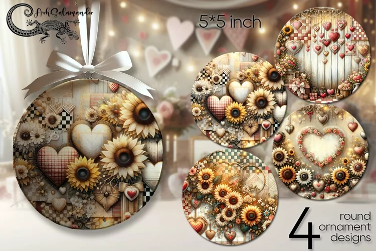 Subflowers | 4 valentine round ornaments sublimation designs