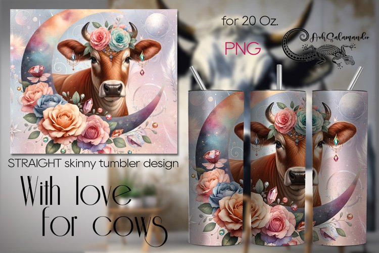Cow, moon & flowers | Skinny tumbler Sublimation design PL7