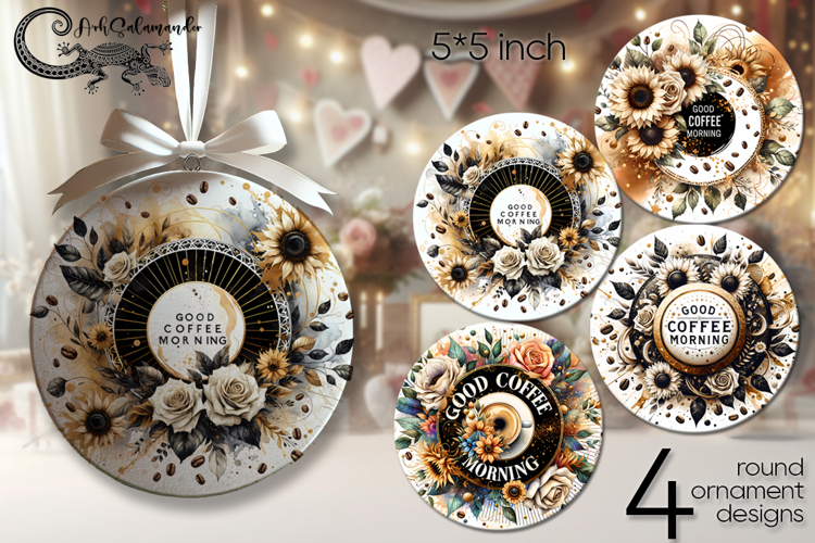 Coffee & flowers | 4 round ornaments sublimation designs P
