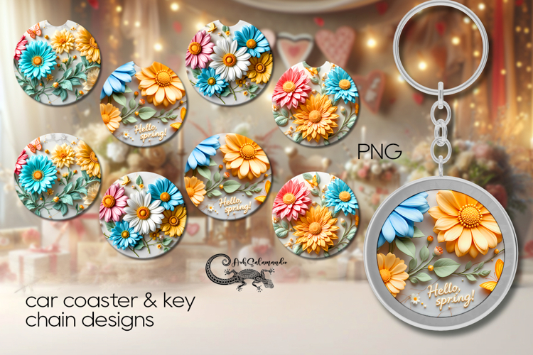 3D Flowers | 4 car coaster & 4 key chain sublimation designs