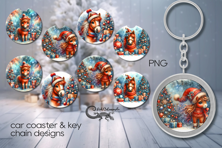 Christmas horse | 4 xmas Car coaster & 4 key chain designs P