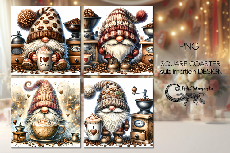 Coffee gnomes | watercolor square coaster sublimation design