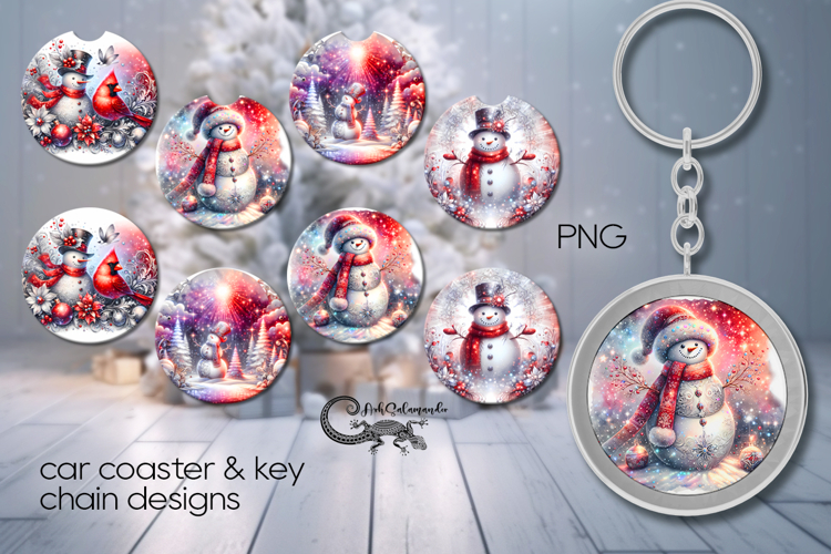 Retro xmas snowman | 4 Car coaster & 4 key chain sublimation